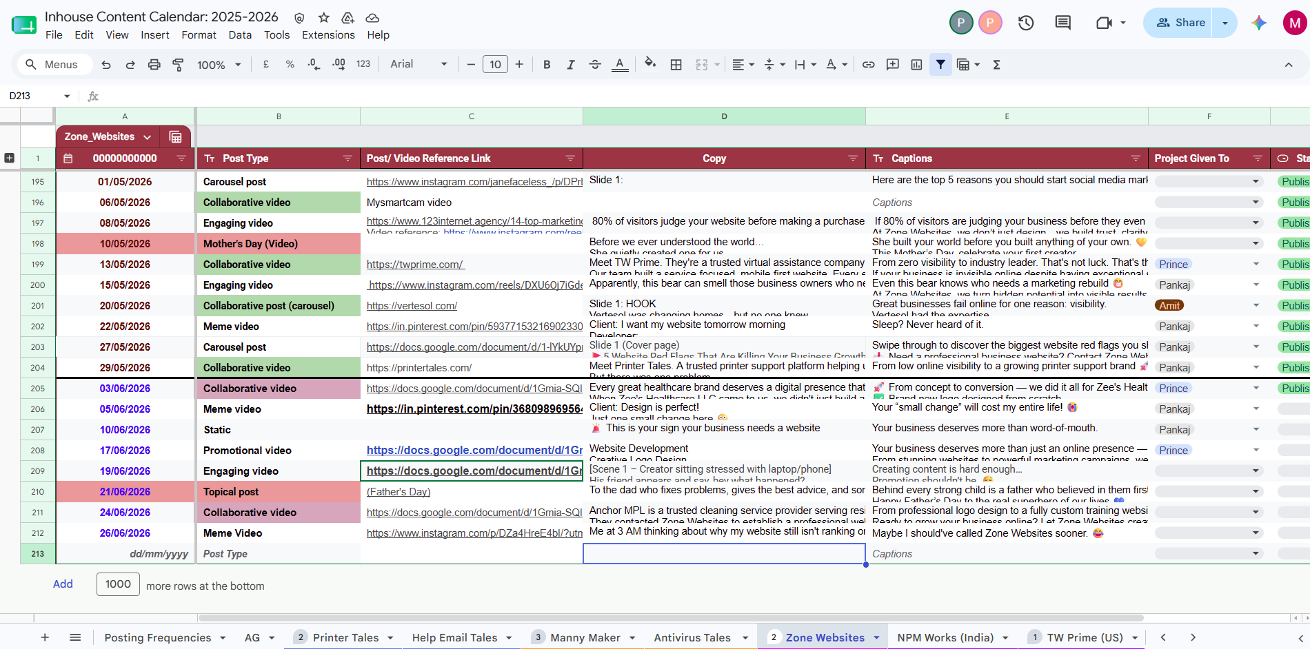 In-house social media content calendar spreadsheet with columns for post type, reference link, copy, captions, and project owner.