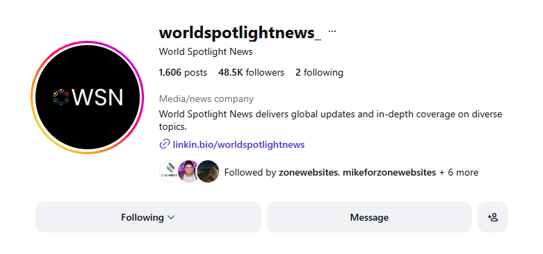 World Spotlight News Instagram profile with 48,500 followers.