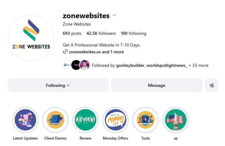 Zone Websites Instagram profile with 42,500 followers.